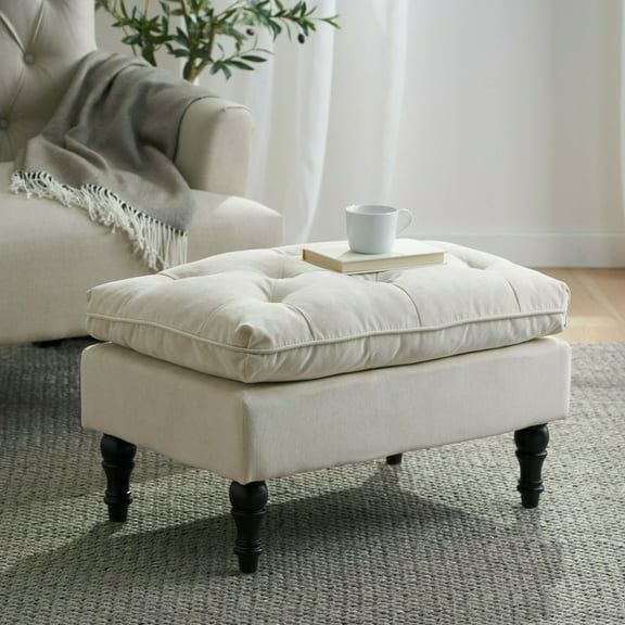 LINJH Traditional Button Tufted Fabric Pillow Top Ottoman with Turned Legs,28.00"D x 19.00"W x 18.00"H,Cream