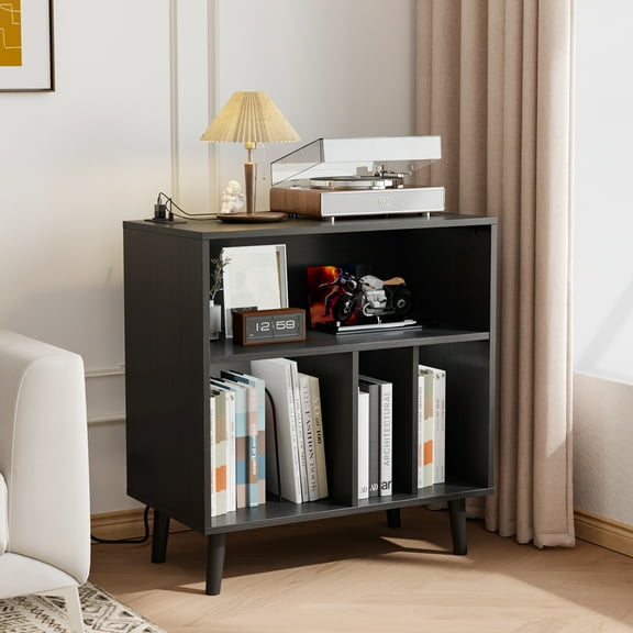 LINJH Vinyl Record Player Stand with RGB LED USB Outlet Album Turntable Stand Cabinet-Black