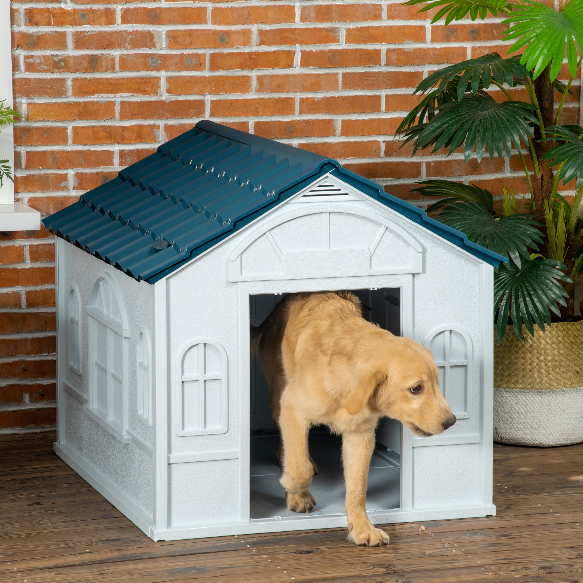 LINJH Water Resistant Plastic Dog House Puppy Shelter for Indoor Outdoor-25.5" x 29.75" x 24.75"-Blue