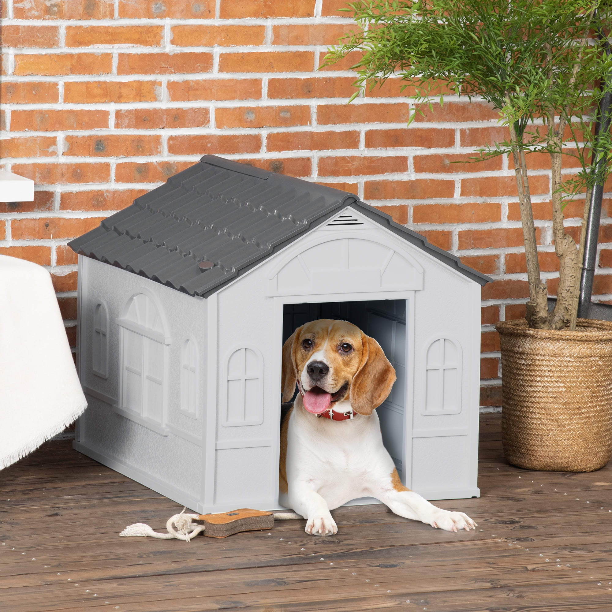 LINJH Water Resistant Plastic Dog House Puppy Shelter for Indoor Outdoor-25.5" x 29.75" x 24.75"-Gray