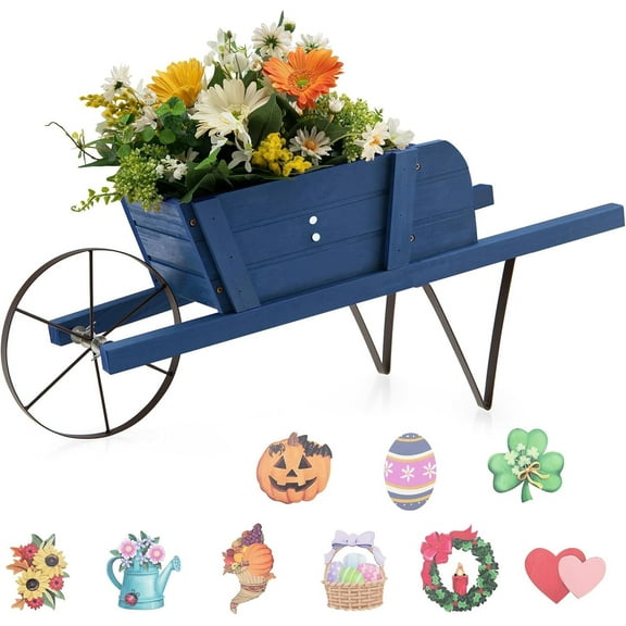 LINJH Wooden Wagon Planter, Small Flower Plant Pot w/Triangular Metal Support, 2 Energy-Saving Handles, Movable Wheel, Wood Wheelbarrow Cart Planter for Garden Backyard Holiday (Blue)