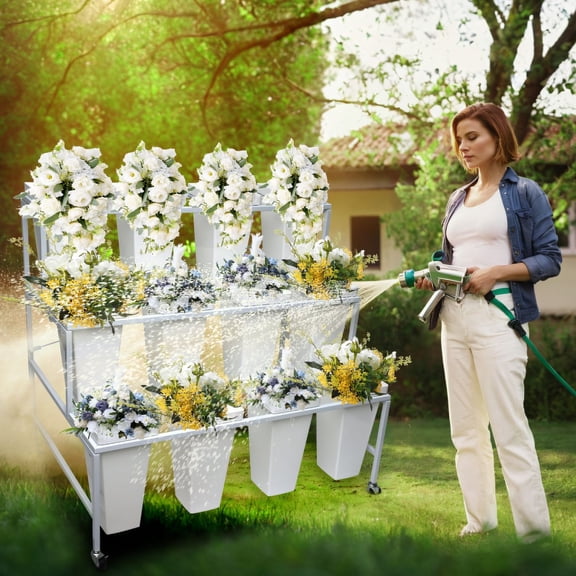 LINJI 12-Bucket 3-Tier Flower Cart - Heavy Duty Mobile Flower Rack for Florists, Weddings, and Home Gardens(White)