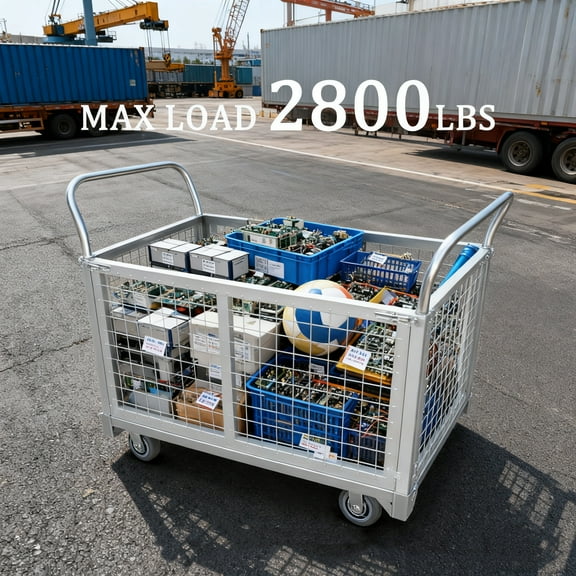 LINJI 2800lbs Capacity Platform Truck Cart with Cage, 4-in-1 Swivel Casters, Versatile Flatbed Cart, for Grocery,Laundry,Stall,Storage Heavy Duty Platform Truck with Cage, (Silver)​