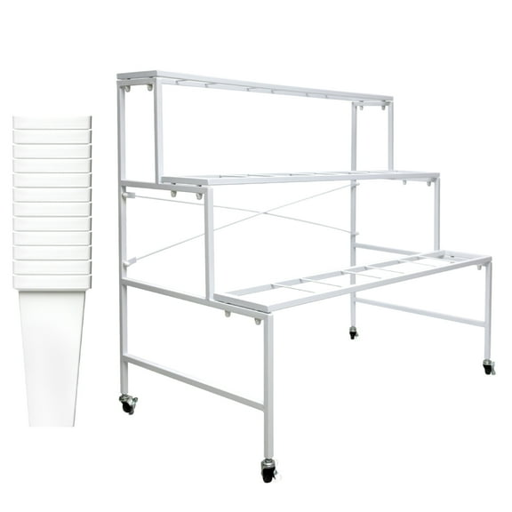 LINJI 3-Layer Flower Cart with Wheels - 12 Buckets Heavy Duty Stand for Garden, Wedding, and Indoor Floral Displays(White)