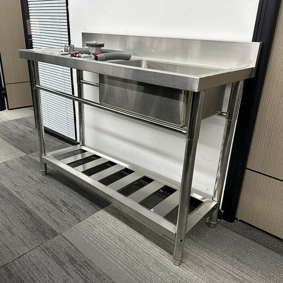 LINJI 300lbs Heavy Duty Stainless Steel Utility Sink, 40" Commercial Grade Freestanding Kitchen Sink, Free Standing Single Bowl Kitchen Sinks With Worktop, Storage,360Rotating Faucet