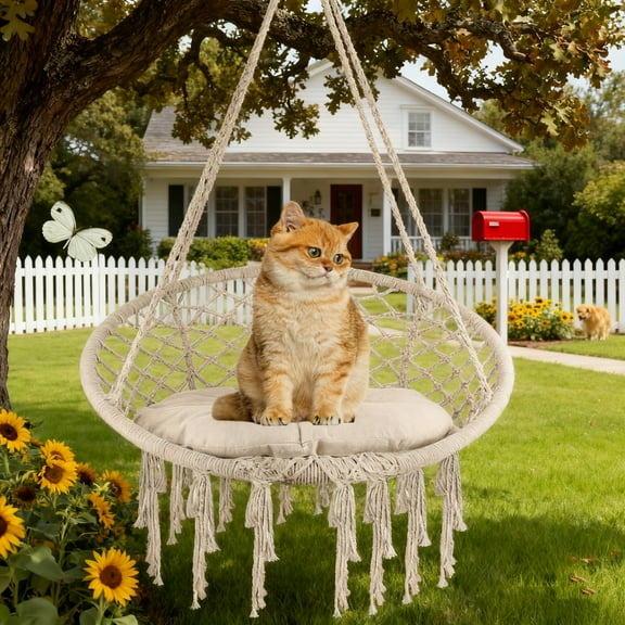 LINJI Hanging Swing Chair with Cushion - Heavy Duty 330 Lbs Cotton Rope Chair for Outdoor Garden and Indoor Bedroom(Beige)