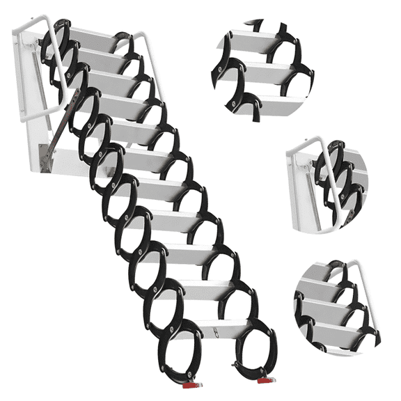 LINJI Alloy Material Attic Ladder - 12-Step Wall Mount Folding Ladder with 10ft Reach and 660 lbs Load Capacity, Non-Slip Mat and Handrail