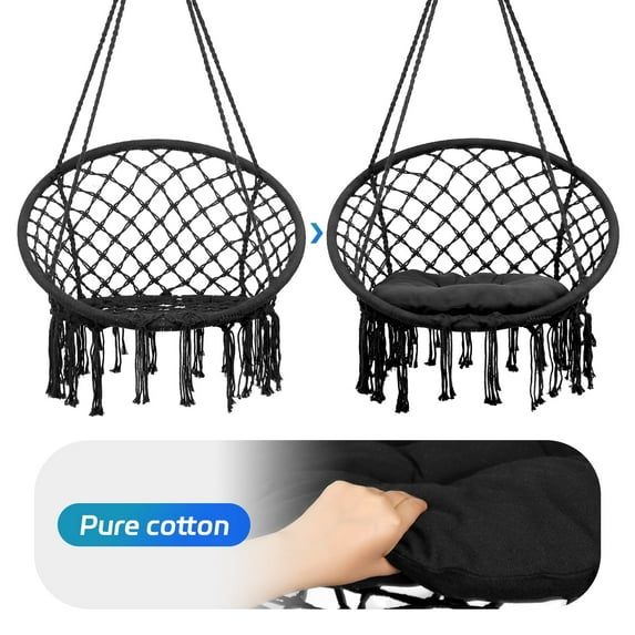 LINJI Garden and Bedroom Swing Chair - Cotton Rope Hammock with Cushion, 330 Lbs Capacity, and Bohemian Tassels(Black)
