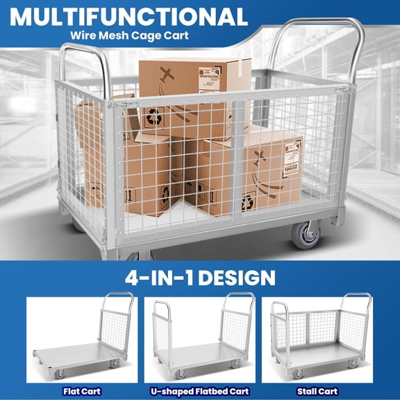 LINJI Platform Truck Cart with Cage, 4-in-1 Heavy Duty Platform Truck with Cage, Max Weight Capacity 2800 Pounds Hand Truck, 45L x 26" W for Grocery,Laundry,Stall,Storage ,Silver