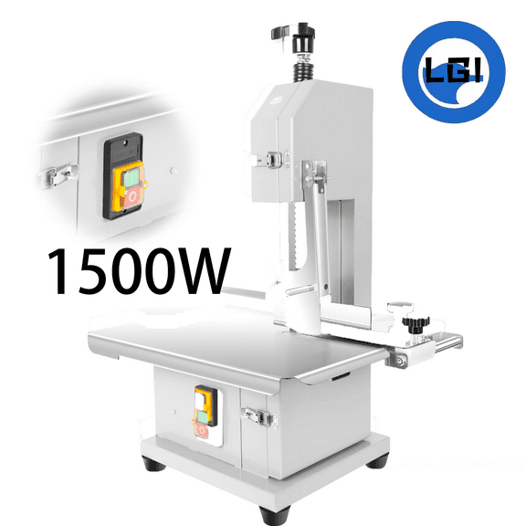 LINJI  Stainless Steel Meat Cutting Machine ,  1500W Commercial Electric Bandsaw,  with 19 x 14 Inch Work bench and 8 Included Blades