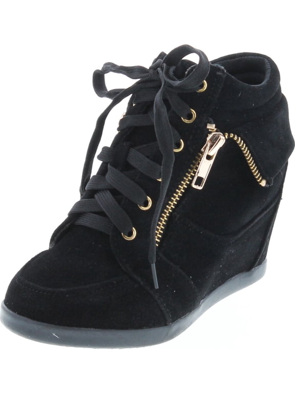 GLADYS-24K Children Girl's Comfort Hidden Wedge Lace Up Ankle Sneakers, Black, 10