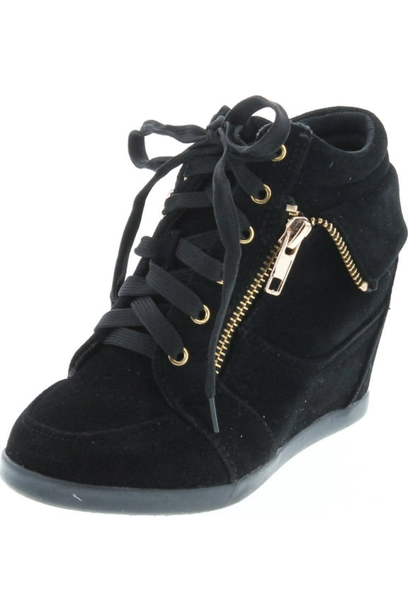 GLADYS-24K Children Girl's Comfort Hidden Wedge Lace Up Ankle Sneakers, Black, 3