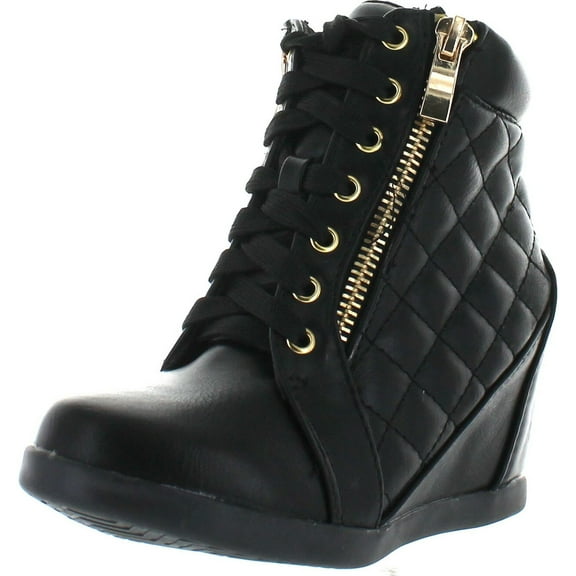 LINK GLADYS-25K Children Girl's Comfort Hidden Wedge Lace Up Quilted Sneakers, Black, 9