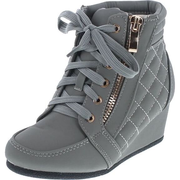 LINK PEGGY-63K Children Girl's Wedge Heel Lace Up Diamond Shape Quilted Sneakers