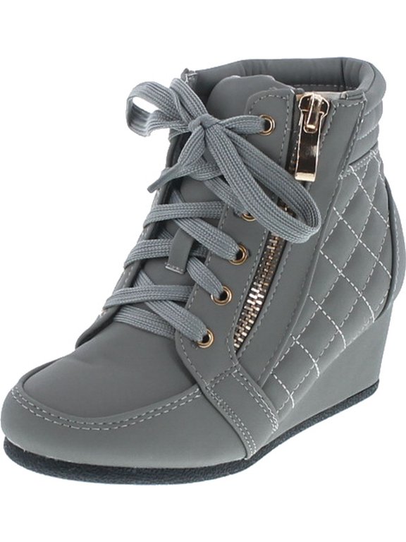PEGGY-63K Children Girl's Wedge Heel Lace Up Diamond Shape Quilted Sneakers