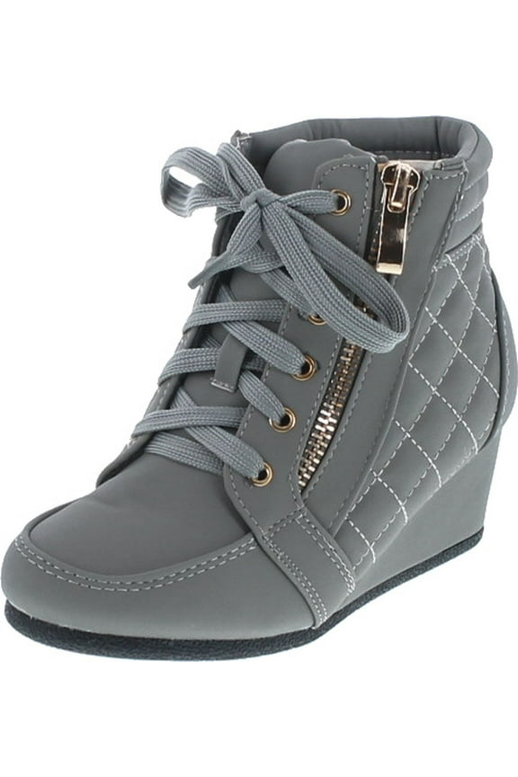 PEGGY-63K Children Girl's Wedge Heel Lace Up Diamond Shape Quilted Sneakers