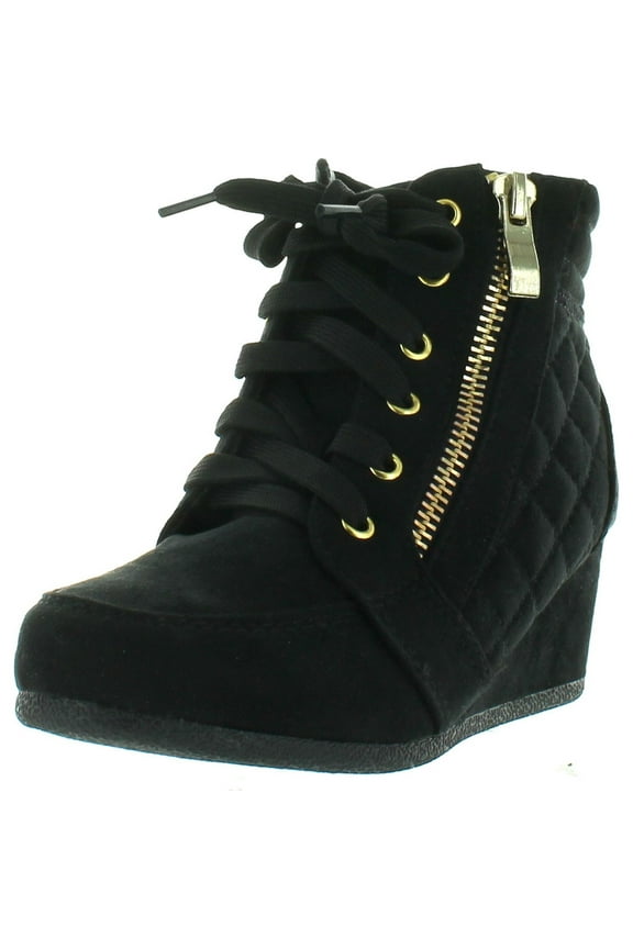 PEGGY-63K Children Girl's Wedge Heel Lace Up Diamond Shape Quilted Sneakers