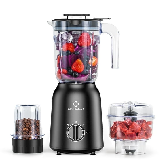 LINKChef 3-in-1 Countertop Blender for Shakes, Meat Chopper, Coffee Grinder, 500 Watts, 50oz. Blending Jar, Smoothie Blender with 2 Speeds and Pulse