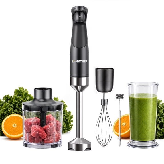 LINKChef 5-in-1 Immersion Blender, 600W Pressure-Sensitive Handheld Stick Blender Set with Chopper, Whisk, Milk Frother, for Baby Food & Cheese