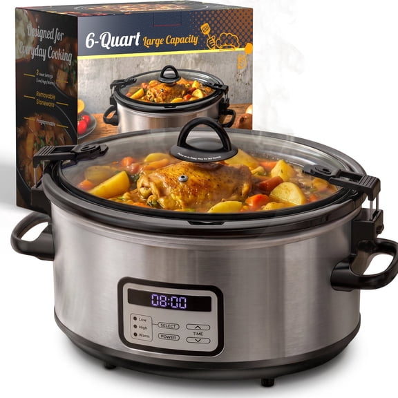 LINKChef 6-Quart Digital Programmable Oval Slow Cooker with Locking Lid, Stainless Steel Exterior, Black