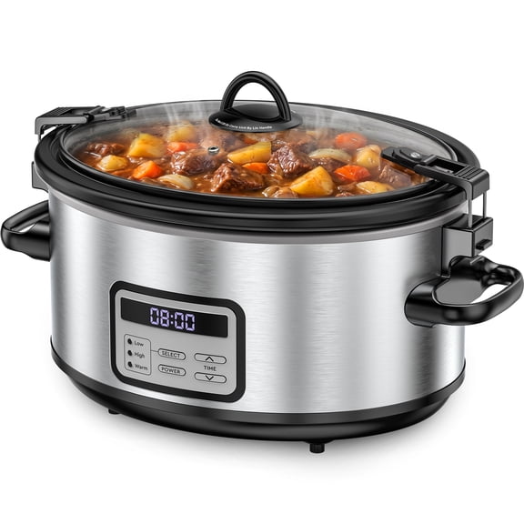 LINKChef 6-Quart Digital Programmable Oval Slow Cooker with Locking Lid, Stainless Steel Exterior, Black