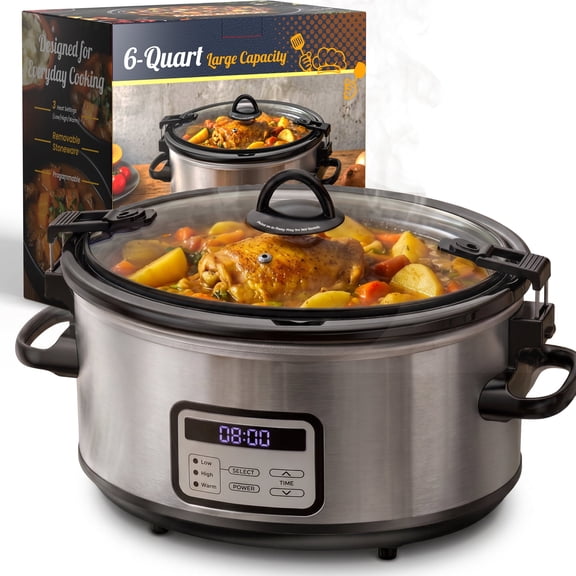LINKChef 6-Quart Digital Programmable Oval Slow Cooker with Locking Lid, Stainless Steel Exterior, Black