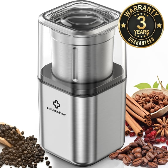 LINKChef Coffee Grinder, Spice Grinder with 4 Blades for Coffee Beans, Spice, Tea - New (Silver)