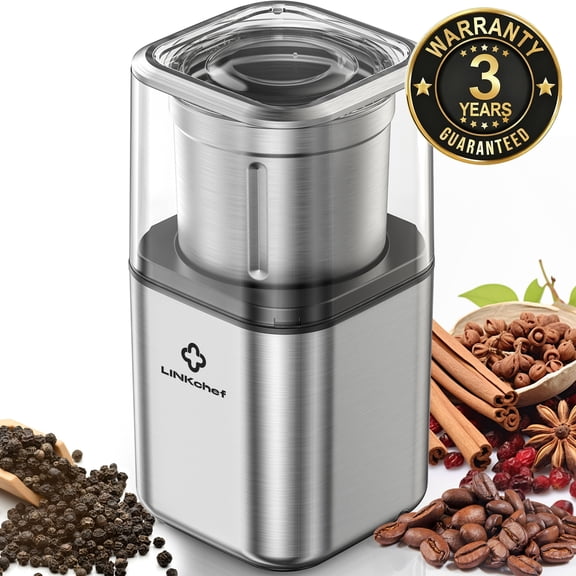 LINKChef Coffee Grinder, Spice Grinder with 4 Blades for Coffee Beans, Spice, Tea - New (Silver)