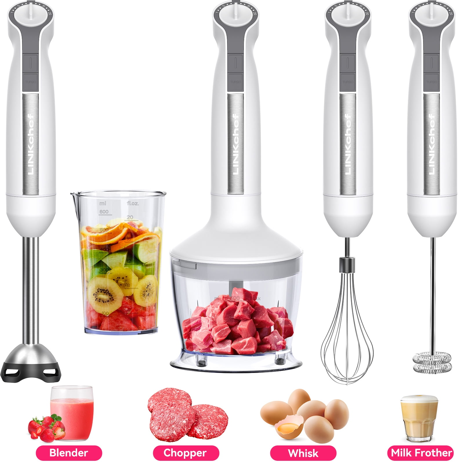 LINKChef Immersion Blender, 1000W 20-Speed 5-in-1 Immersion Hand Blender with Turbo Mode, Scratch-Resistant Stick Blender for Baby Food Processor & Chopper(White)