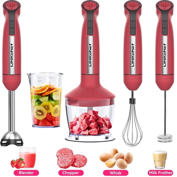 LINKChef Immersion Blender, 1000W 20-Speed 5-in-1 Immersion Hand Blender with Turbo Mode, Scratch-Resistant Stick Blender for Baby Food Processor & Chopper(Red)
