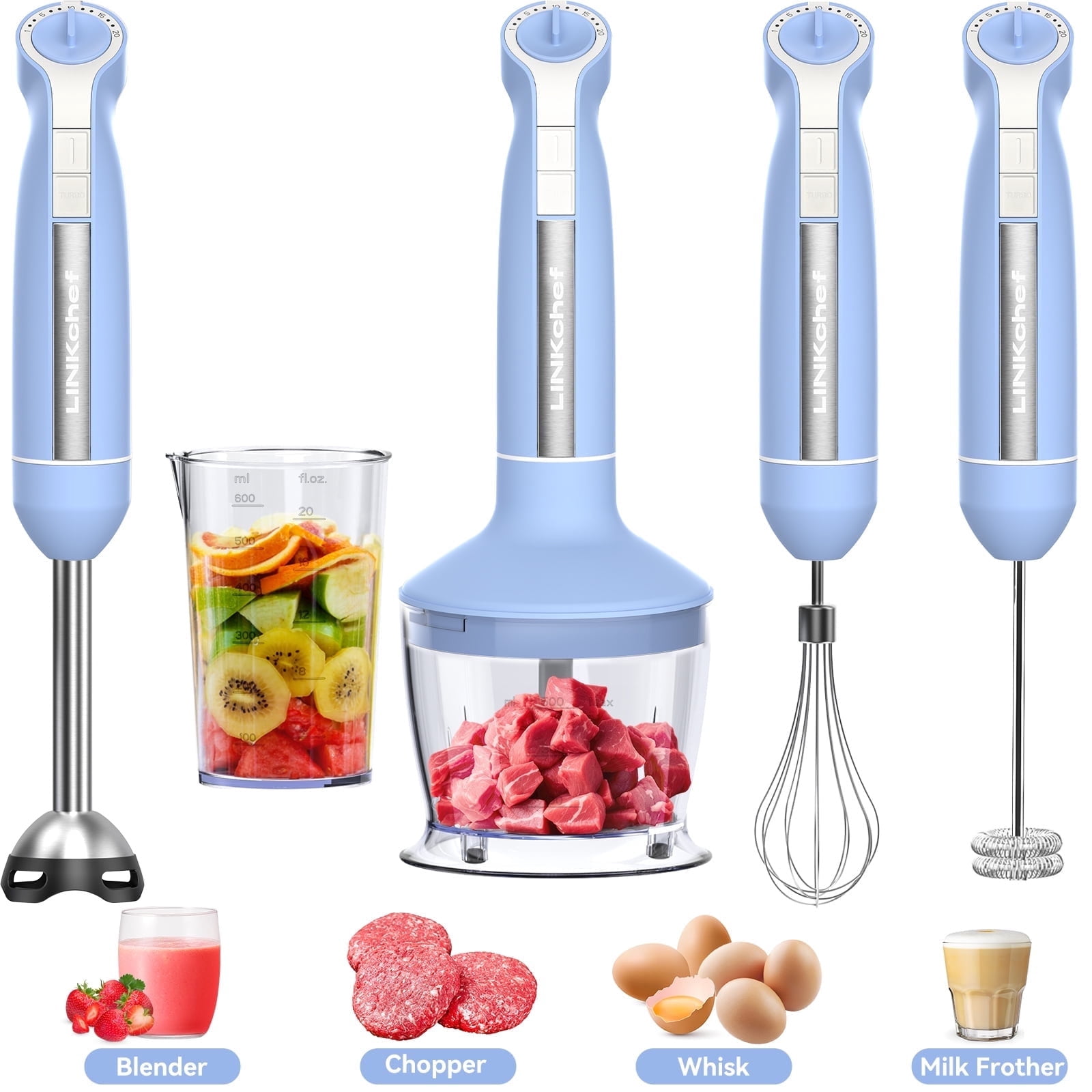 LINKChef Immersion Blender, 20-Speed 1000W 5-in-1 Immersion Hand Blender, Stick Blender with Turbo Mode, Baby Food Processor with Chopper, Blender for Kitchen with 600ml Beaker (Blue)