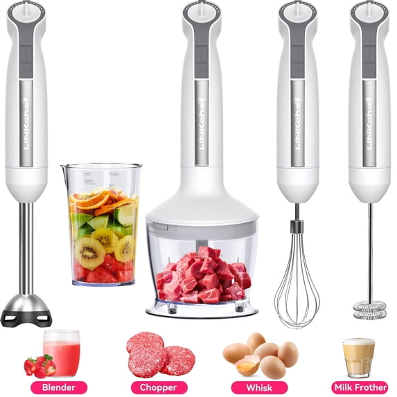LINKChef Immersion Blender, 1000W 20-Speed 5-in-1 Immersion Hand Blender with Turbo Mode, Scratch-Resistant Stick Blender for Baby Food Processor & Chopper(White)