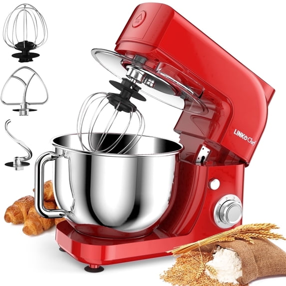 LINKChef Stand Mixer, 5.3QT 800W 6+P Speeds with Whisk, Dough Hook and Beater (Red)