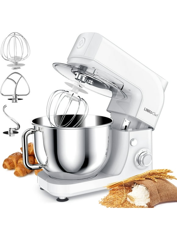 LINKChef Stand Mixer, 5.3QT 800W 6+P Speeds with Whisk, Dough Hook and Beater (White)