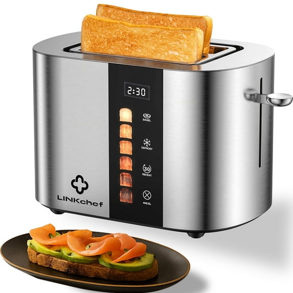 LINKChef 2 Slice Toaster, Extra-Wide 1.5" Slots, Touch Screen Control | Stainless Steel, Bagel/Defrost/Reheat Functions