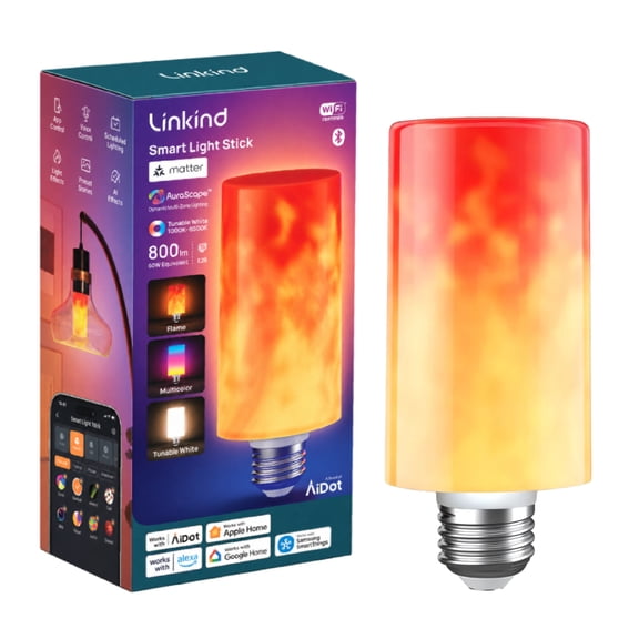 Linkind Smart Light Stick, Flickering Fire Effect & 800LM RGBTW Color Changing Bulb, 60W E26 Smart Light, 2.4GHz Wi-Fi Only, Works with AiDot App, 1 Pack