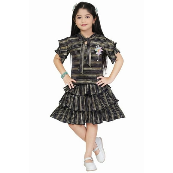 LINKKART FASHION Girls' Black Tiered Frock Dress with Brooch, Sizes 3-4 Years