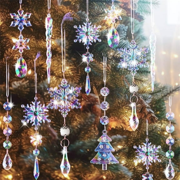 LINKPAL 12pcs Christmas Ornaments Crystal Christmas Tree Decoration, Iridescent Hanging Clear Acrylic Snowflake Icicle Pendants Drop for Xmas Winter Outdoor Indoor Party Decoration Supplies Colorful
