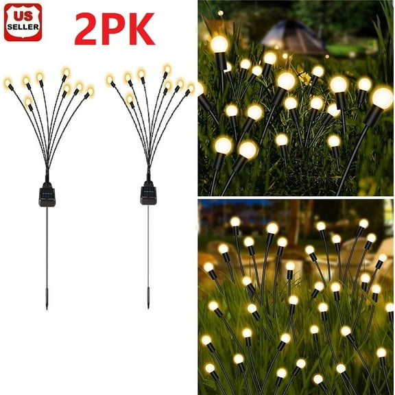 LINKPAL 2PK 8LED Solar Powered Garden Firefly Lights, Solar Lights Outdoor Waterproof, Starburst Swaying Solar Firefly Garden Lights for Path Landscape Outdoor Decorative Lights White Warm