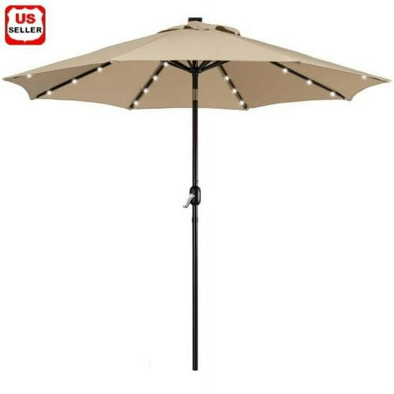 LINKPAL 9 ft Solar Umbrella 32 LED Lighted Patio Umbrella Table Market Umbrella with Tilt and Crank Outdoor Umbrella for Garden, Deck, Backyard, Pool and Beach
