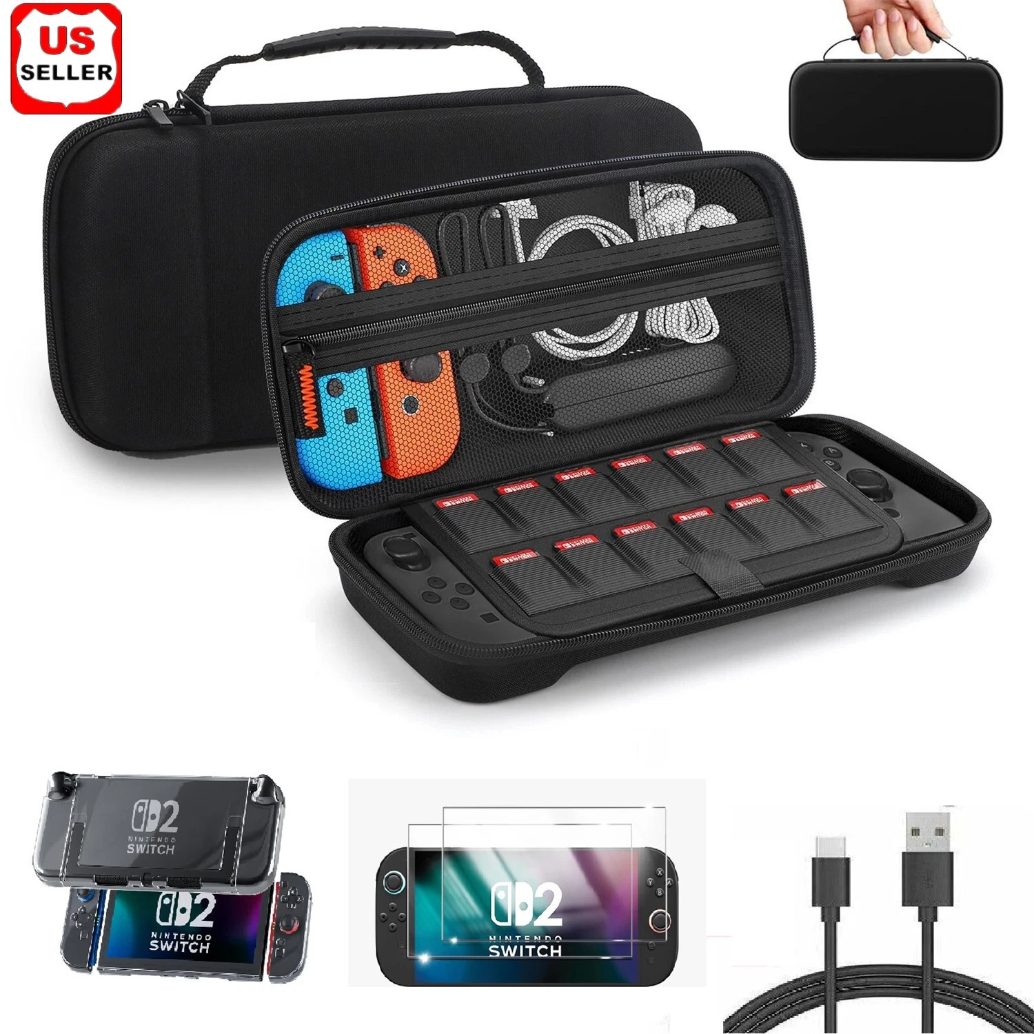 LINKPAL 2025 Carrying Case for Nintendo Switch 2 with Screen Protector, USB C Cable, 12 Game Cartridges
