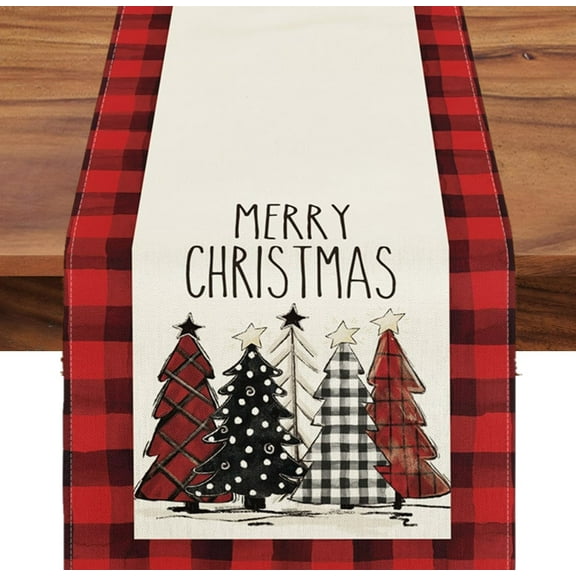 LINKPAL Waterclor Buffalo Plaid Christmas Trees Merry Xmas Table Runner, Seasonal Winter Holiday Kitchen Dining Table Decoration for Indoor Outdoor Home Party Decor 13 x 72 Inch