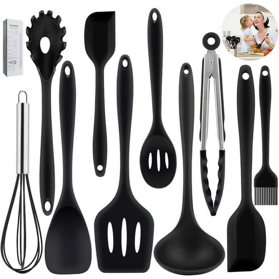 LINLIN 10 Pcs Kitchen Utensil Set, Silicone Utensils Set Heat Resistant, Non-Toxic Non Stick Kitchenware Home Cooking Baking Tools Include Pasta Spoon,Slotted Spoon,Tongs,ladle,Turner,basting