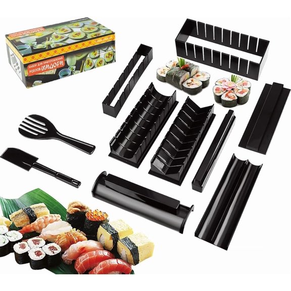 LINLIN 10 Pcs Sushi Making Kit Sushi Maker Black Plastic Onigiri Mould Sushi Rice Roll Mold Shapes, Easy DIY Sushi Tool Set for Home Beginners