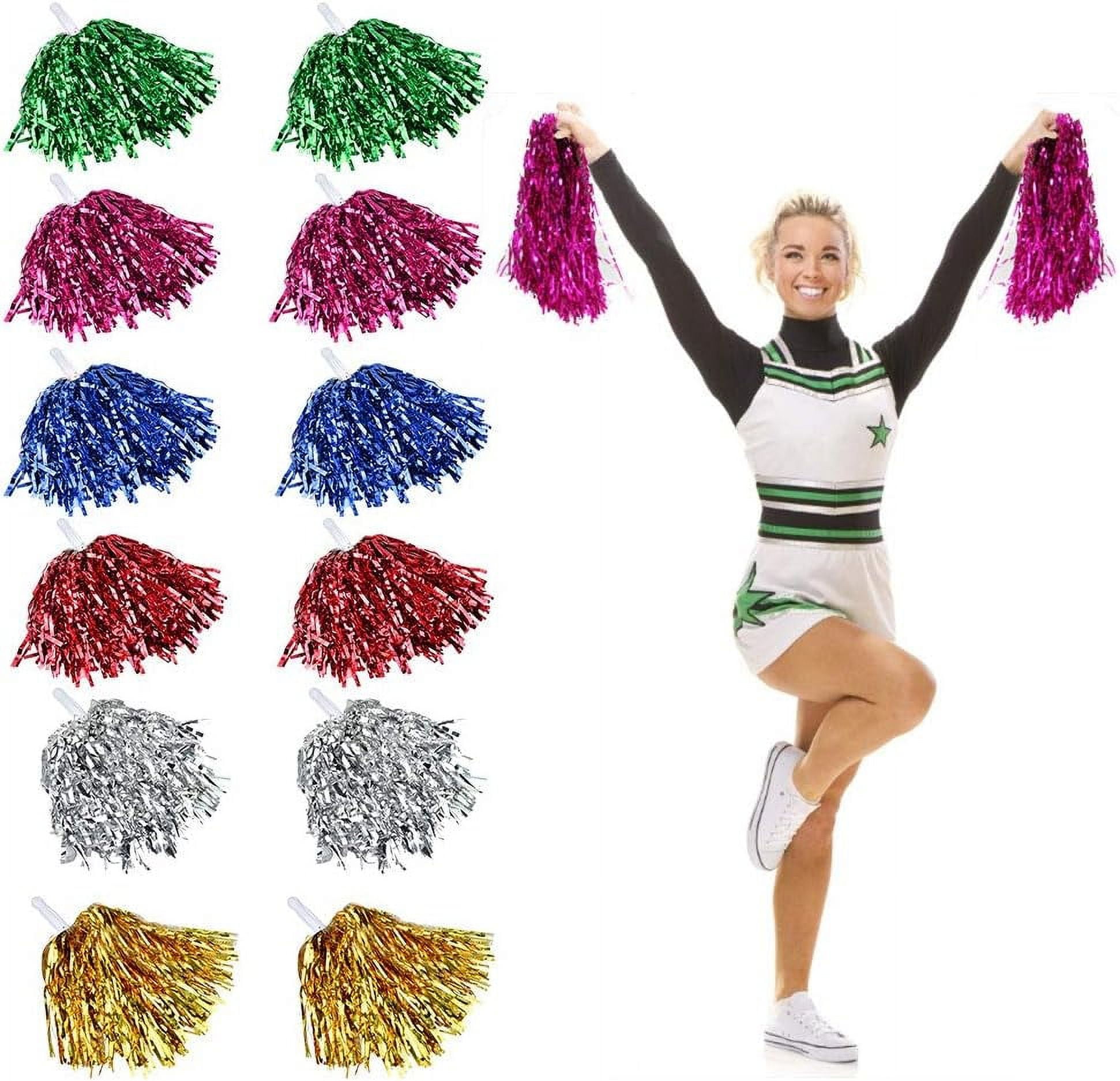 LINLIN 12 Pack Cheerleading Pom Poms Fluffy Pom Poms Cheer Metallic Strips With Plastic Handle, Cheerleader Pompoms for Sports Matches, Stage Performance, Holiday Celebrate