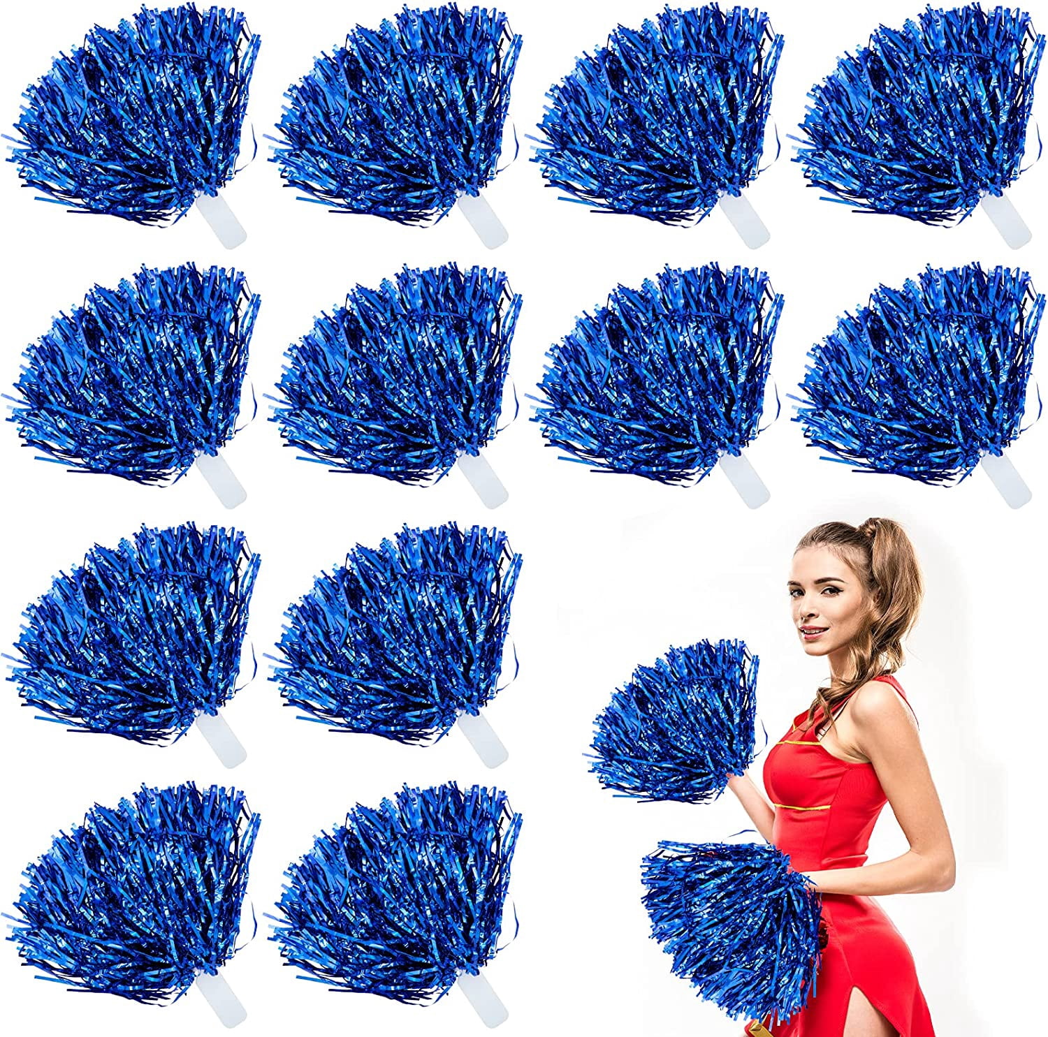 LINLIN 12Pcs Metallic Cheerleading Pom Poms with Cozy Handle, Adorable Cheerleader Pompoms Hand Flowers for Kids Adults Ball Dance Sports Team Spirit Cheering Fancy Dress Night Party