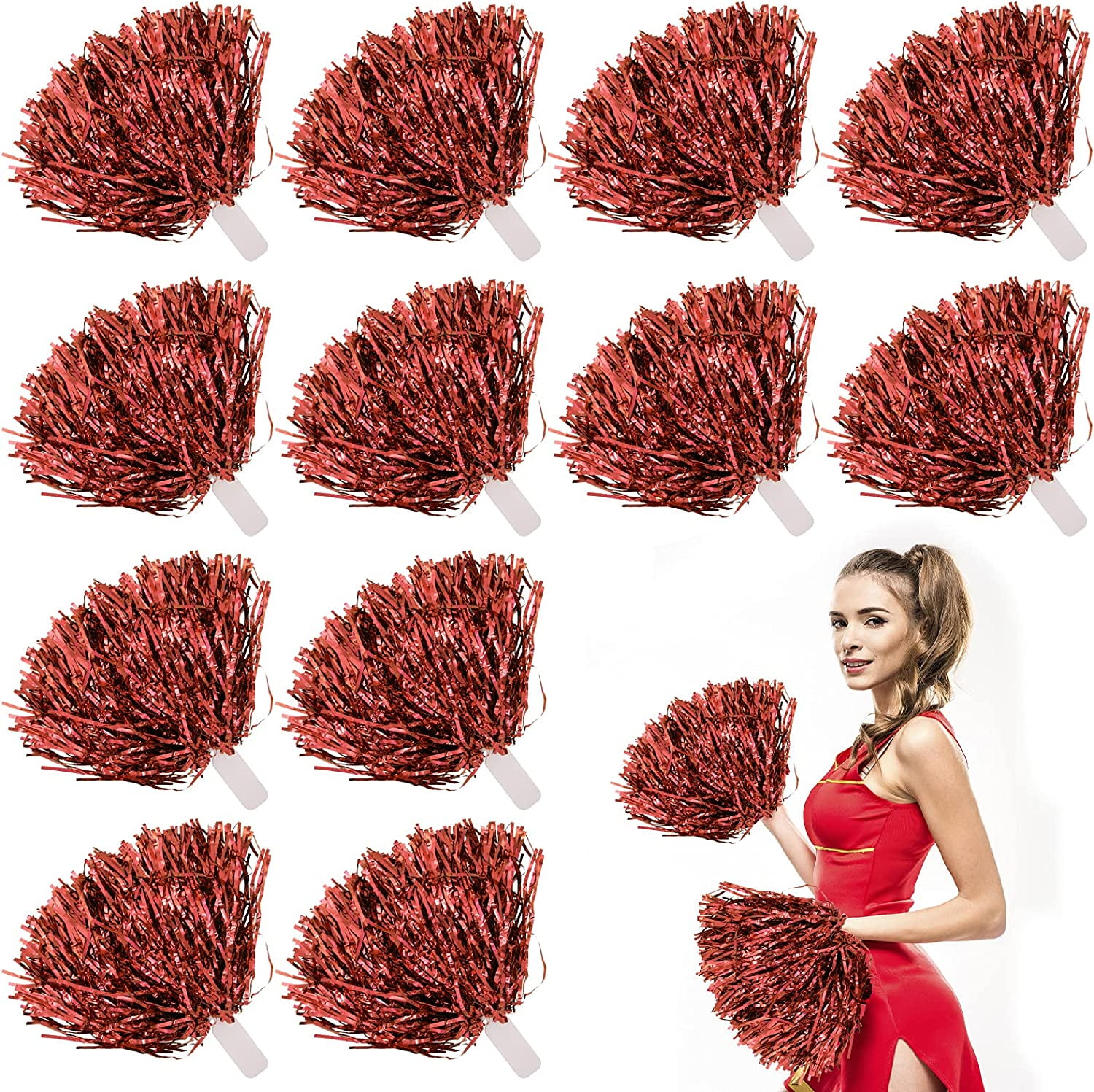 LINLIN 12Pcs Metallic Cheerleading Pom Poms with Cozy Handle, Adorable Cheerleader Pompoms Hand Flowers for Kids Adults Ball Dance Sports Team Spirit Cheering Fancy Dress Night Party