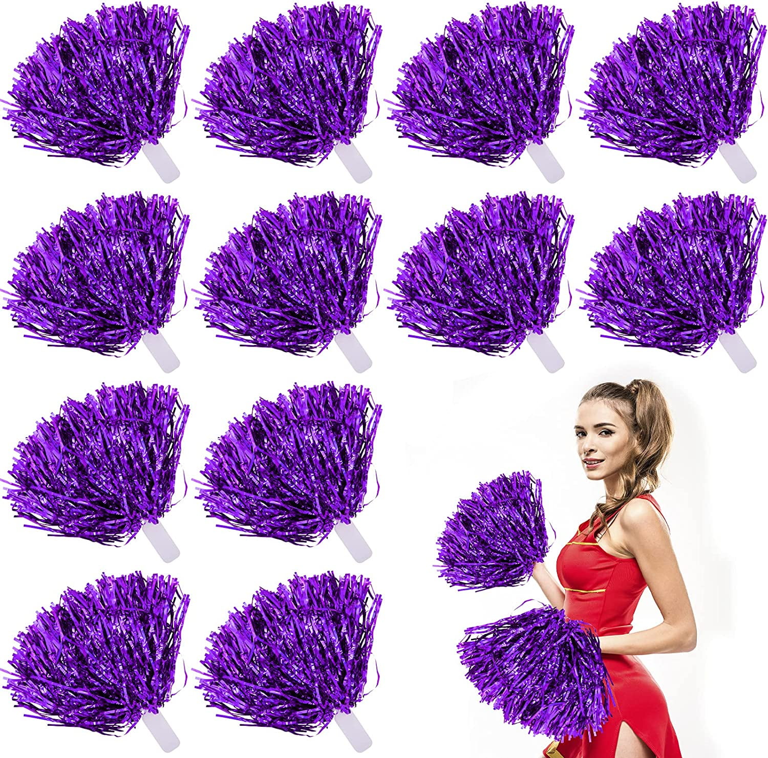 LINLIN 12Pcs Metallic Cheerleading Pom Poms with Cozy Handle, Adorable Cheerleader Pompoms Hand Flowers for Kids Adults Ball Dance Sports Team Spirit Cheering Fancy Dress Night Party
