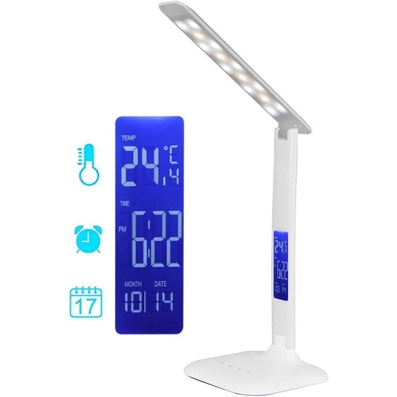 LINLIN 14LED Desk Lamp Alarm Clock Dimmable,Foldable Eye-Caring Touch Control Bedside Table Lamp Reading Lamp,3 Lighting Mode 5-Level Dimmer with LCD Display Thermometer Calendar