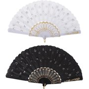 LINLIN 2 Pieces Handheld Fan Folding, Black and White Embroidered Sequin Fan Rave fan Peacock Pattern Hand Fan Craft Fan for Birthday Wedding Party Decoration Stage Performance Props